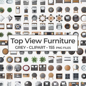 Puede incluir: Una colección de imágenes prediseñadas de muebles en vista superior en gris, que incluyen camas, sillas, mesas y elementos de cocina. La imagen presenta una variedad de diseños de muebles, perfectos para proyectos de diseño de interiores. El texto en la imagen dice "Top View Furniture GREY • CLIPART • 155 PNG FILES."