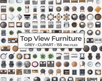 Grey Furniture Clipart Set, Top View Grey Furniture PNGs for Professional Room Planning and Aerial Interior Design, Digital Furniture Kit