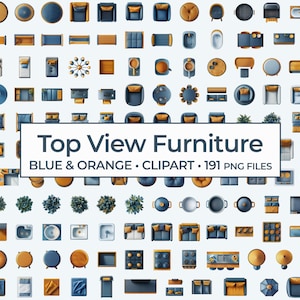 Blue and Orange Furniture PNG, Top View Furniture Clipart Bundle, 2D Interior Design Elements, Digital Furniture Overlays, Home Decor Bundle