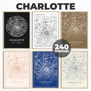 Affiche de la ville de Charlotte, carte de Charlotte, affiche de la carte routière de Charlotte, art de la carte imprimable, impression numérique, art mural de Charlotte, 240 modèles de carte