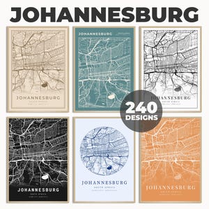 Könnte beinhalten: Sechs verschiedene Kartendesigns von Johannesburg, Südafrika. Die Karten sind in verschiedenen Farbschemata gehalten, darunter Schwarzweiß, Beige, Blau und Orange. Die Karten sind mit einem hellbraunen Rahmen gerahmt.