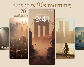 New York 90s Morning Phone Wallpaper Set, Vintage NYC Aesthetic Lock Screen Art, Nostalgic Classic NYC Skyline Digital Art, 90s Nostalgia