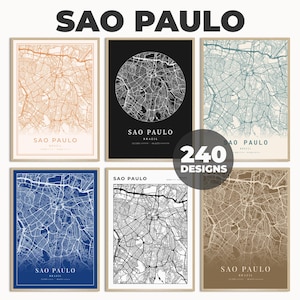 Impresión artística del mapa de Sao Paulo, póster moderno del mapa de la ciudad de Sao Paulo para decoración de pared, arte minimalista del mapa de las calles de Sao Paulo para el hogar, 240 diseños de mapas