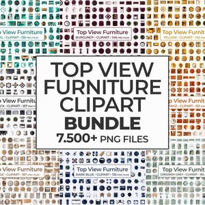 May include: A collection of top-view furniture clipart in various colors, including teal, burgundy, yellow, black, beige, dark blue, and greenish grey. The bundle contains over 7,500 PNG files, ideal for design projects.