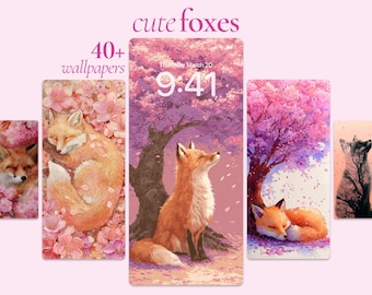 Cherry Blossom & Cute Foxes Phone Wallpaper Bundle, Sweet Kawaii Foxes Backgrounds, 40 Pink Fox Digital Wallpaper Art, Cute Lock Screen Art