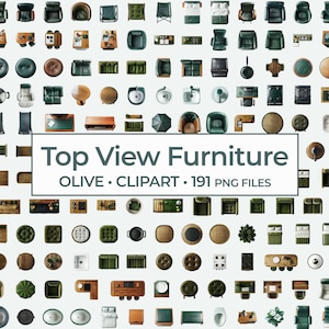 May include: A collection of top-view furniture clipart in olive green, brown, and neutral tones. The image includes various chairs, tables, beds, and other furniture pieces. Text on the image reads "Top View Furniture OLIVE • CLIPART • 191 PNG FILES."