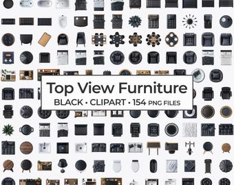 Top View Black Furniture Clipart Bundle, Modern Black Furniture Design, Black Room Planning Assets and Black Home Decor Interior Elements