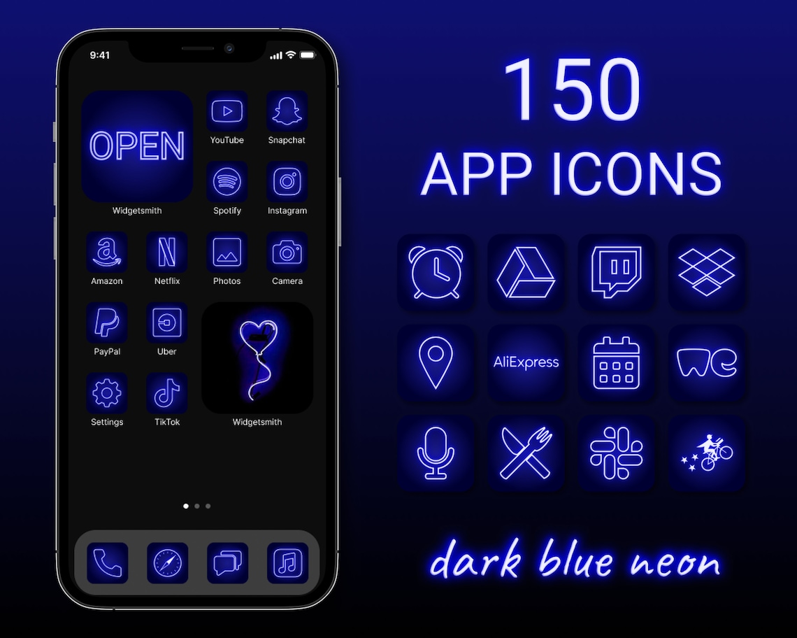 150 Dark Blue Neon App Icons Bundle Neon Aesthetic App