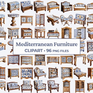 Clipart mobili mediterranei, illustrazioni mobili mediterranei PNG trasparenti, sublimazioni fai da te, design d'interni mediterraneo