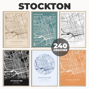 ストックトン地図ポスター、ストックトン道路地図ポスター、ストックトン地図、ストックトン市壁アート、地図ポスター、印刷可能なアート、240 種類の地図デザイン