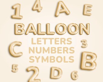 May include: Gold balloon letters spelling out the word "BALLOON" with the words "LETTERS NUMBERS SYMBOLS" below. The letters and numbers are in a variety of sizes and are arranged in a random pattern.