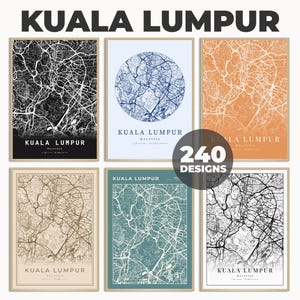 以下が含まれることがあります： 「KUALA LUMPUR」の文字が黒、白、青、オレンジなど様々な色で描かれた、額入りの都市地図アートプリントのコレクションです。複雑な通りのレイアウトと「240 DESIGNS」の文字が特徴です。