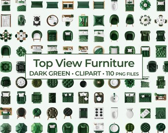 Top View Dark Green Furniture Clipart Set, Emerald & Forest Green PNG Bundle for Room Planning Resources, Luxe Green Home Decor Elements
