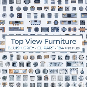Blågrå ovanifrån möbler Clipart-paket, svala grå inrednings-PNG:er, blågrå takrumsplanering och dekorelement-paket