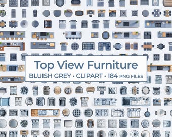 Bluish Grey Top View Furniture Clipart Bundle, Cool Grey Interior Design PNGs, Blue-Grey Overhead Room Planning and Decor Elements Bundle