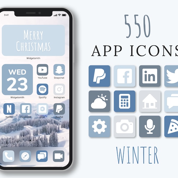 Winter Ästhetische App Icons | Winter Themed iPhone Home Screen - Blau & Grau Mix App Icons | 550 Winter App Icons für iOS | Winter iOS Icons