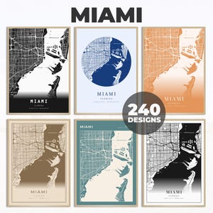 Miami kaart poster, Miami Wall Art, Miami Florida, Miami Cartografie kaart, Verenigde Staten afdrukken, cadeaus voor thuis, 240 kaartontwerpen