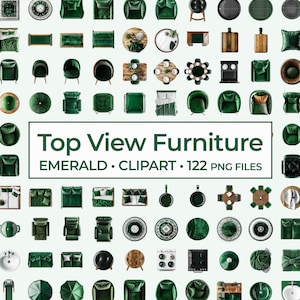 May include: A collection of 122 emerald green top view furniture clipart images. The images include chairs, tables, beds, rugs, plants, and other home decor items.