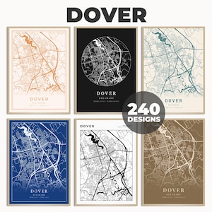 Könnte beinhalten: Sechs verschiedene Variationen eines Kartenprints von Dover, Delaware. Die Karten sind in verschiedenen Farbschemata gehalten, darunter Schwarzweiß, Blauweiß und Braunweiß. Die Karten sind alle in einem einfachen, modernen Stil gerahmt.