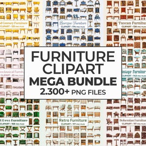 Méga lot de cliparts meubles, lot de cliparts Design d'intérieur, lot d'illustrations de meubles numériques, éléments de décoration de chambre, 2300 fichiers PNG