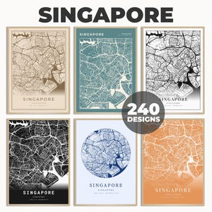 シンガポールの地図、シンガポールのストリートマップアート、シンガポールの壁画プリント、シンガポールのプリント、デジタルシティマップ、印刷可能なアート、240 種類のマップデザイン