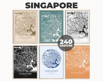 Carte cartographique de Singapour, art de la carte des rues de Singapour, impression murale de Singapour, impression de Singapour, plan numérique de la ville, oeuvre d'art imprimable, 240 modèles de cartes