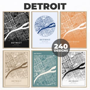 Art de la carte de Detroit, affiche de la carte de Detroit, impression de la ville de Detroit, art de la carte des rues de Detroit, impression de carte colorée, plan de la ville cadeau, 240 modèles de cartes