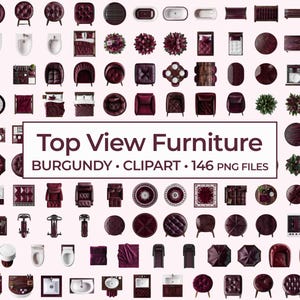 Clipart-set med vinröda möbler ovanifrån, rika rödbruna inredningselement och elegant vinröd clipart för digital rumsplanering ovanifrån