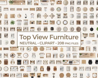 Neutral Furniture Clipart Bundle, Top View Home Design PNGs, Overhead View Natural Wood and Beige Interior Decor Elements, Floor Plan Design