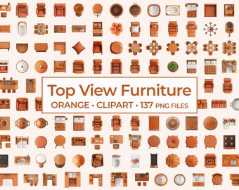 Warm Orange Home Decor Elements, Top View Furniture Clipart Set for Terracotta Interior Design & Aesthetic Room Planning Furniture Elements