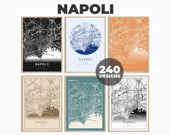 May include: Six framed map prints of Naples, Italy, in various color schemes, including black and white, blue, and orange. The city name "NAPOLI" is at the top, and "240 DESIGNS" is in a circle in the center.