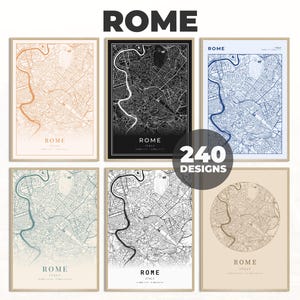 Muurkunst stad Rome, stad Rome, cartografiekaart Rome, poster stad Rome, stratenkaartposter, print Italië, digitale kaartprint, 240 kaartontwerpen