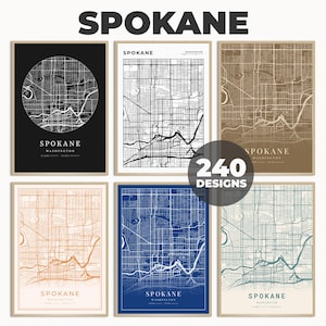 Spokane kaartkunst, Spokane City muurkunst, Spokane stratenkaart kunst, kaart van Spokane, minimalistische kaartkunst, wegenkaartposter, 240 kaartontwerpen