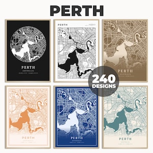 Art de carte de rue de Perth, ville de Perth, impression de carte de Perth, impression d'Australie, art de carte de route, téléchargement de carte de ville, 240 modèles de carte