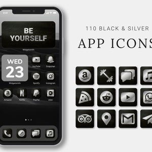 App-pictogrammen iOS | Esthetische iPhone-startschermthema&#39;s - Zilveren app-pictogrammen | 110 zwarte en zilveren app-pictogrammen voor iOS | App-covers | Pictogrammenbundel