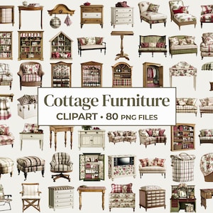 May include: A collection of 80 cottage-style furniture clipart images. The images include chairs, couches, tables, bookshelves, dressers, and more. The furniture is all in a variety of colors and patterns, including red, white, blue, green, and brown.