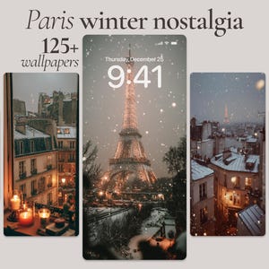 Puede incluir: Fondos de pantalla digitales con escenas invernales de París. Las imágenes incluyen la Torre Eiffel, paisajes urbanos e interiores acogedores. Se muestra el texto "Paris winter nostalgia" y "125+ wallpapers".