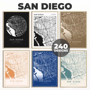 San Diego City Print, San Diego kaartkunst, stratenplan Californië, muurposter San Diego, afdrukbare wegenkaart, 240 kaartontwerpen, San Diego print
