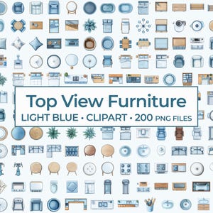 Ljusblå möbel Clipart-paket för planritningar ovanifrån, ovanifrån babyblå inredningsmöbler, digitalt DIY-rumsplaneringspaket