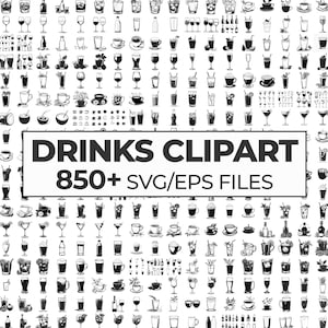 Pacote de clipart de bebidas, arte vetorial de bebidas, conjunto de ilustrações de coquetéis, coleção de silhuetas de bebidas, clipart de bebidas de bar para menus e branding