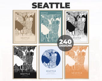 May include: Six different styles of printable maps of Seattle, Washington. The maps are in black and white, brown and white, blue and white, and orange and white. The maps are all in a modern style and would look great in a home office or living room.