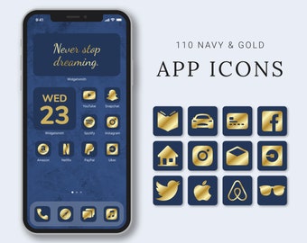 App Icons iOS | Aesthetic iPhone Home Screen Themes - Navy and Gold App Icons | 110 Navy & Gold App Icons for iOS | App Covers Bundle