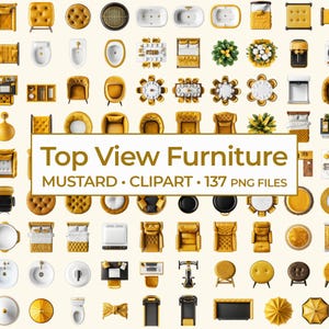 Toppvy med senapsgula möbler Clipart-set, moderna guld-senapsfärgade heminrednings-PNG:er, toppvy med digital rumsplanering och inredningskit