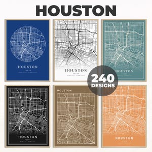 Wanddecoratie Houston, poster wegenkaart Houston, afdruk stadskaart, kaart Houston, minimalistische kaart, afdrukbare kunst, afdruk Houston, 240 kaartontwerpen, 240 kaartontwerpen