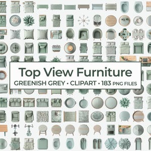 Clipart-set med gröngrå möbler ovanifrån, salviagrön PNG-samling för digitala planlösningsresurser och neutrala gröna heminredningselement