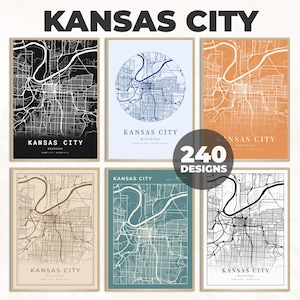 Decoração de parede de Kansas City, arte de mapa de Kansas City, arte de parede de Kansas City, pôster de mapa de Kansas City, download de mapa da cidade, arte de mapa rodoviário, 240 designs de mapa