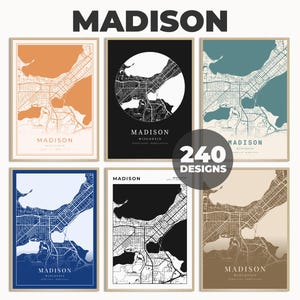 Puede incluir: Seis impresiones diferentes de mapas de la ciudad de Madison, Wisconsin. Los mapas están en varias combinaciones de colores, incluyendo naranja, azul, verde, negro y blanco. Cada impresión presenta el nombre de la ciudad y el estado.