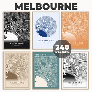 Peut inclure: Six designs d'affiches différents mettant en scène une carte de Melbourne, en Australie. Les affiches sont dans différentes combinaisons de couleurs, notamment noir et blanc, bleu et blanc, orange et blanc, beige et marron, bleu sarcelle et blanc, et noir et blanc avec un dégradé.