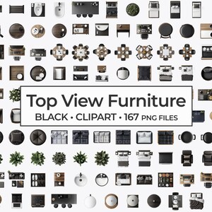 Uppifrån vy över svarta möbler Clipart-set, eleganta moderna svarta heminrednings-PNG:er, premium digitala svarta inrednings- och rumsplaneringsresurser