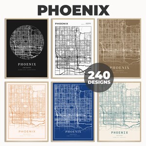 Ville de Phoenix, art de la carte de Phoenix, art mural Phoenix, carte cartographique de Phoenix, carte noir et blanc, impression de carte, 240 modèles de carte